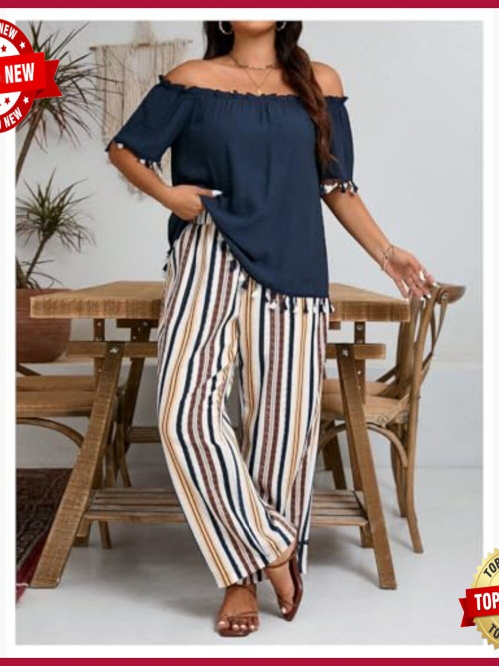 Plus Size Off Shoulder Blouse & Striped Pants Set, Lightweight Polyester - Picture 4 of 5